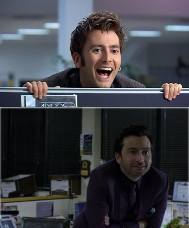 Tennant em Doctor Who, em 2007 e em Jessica Jones, 2015.