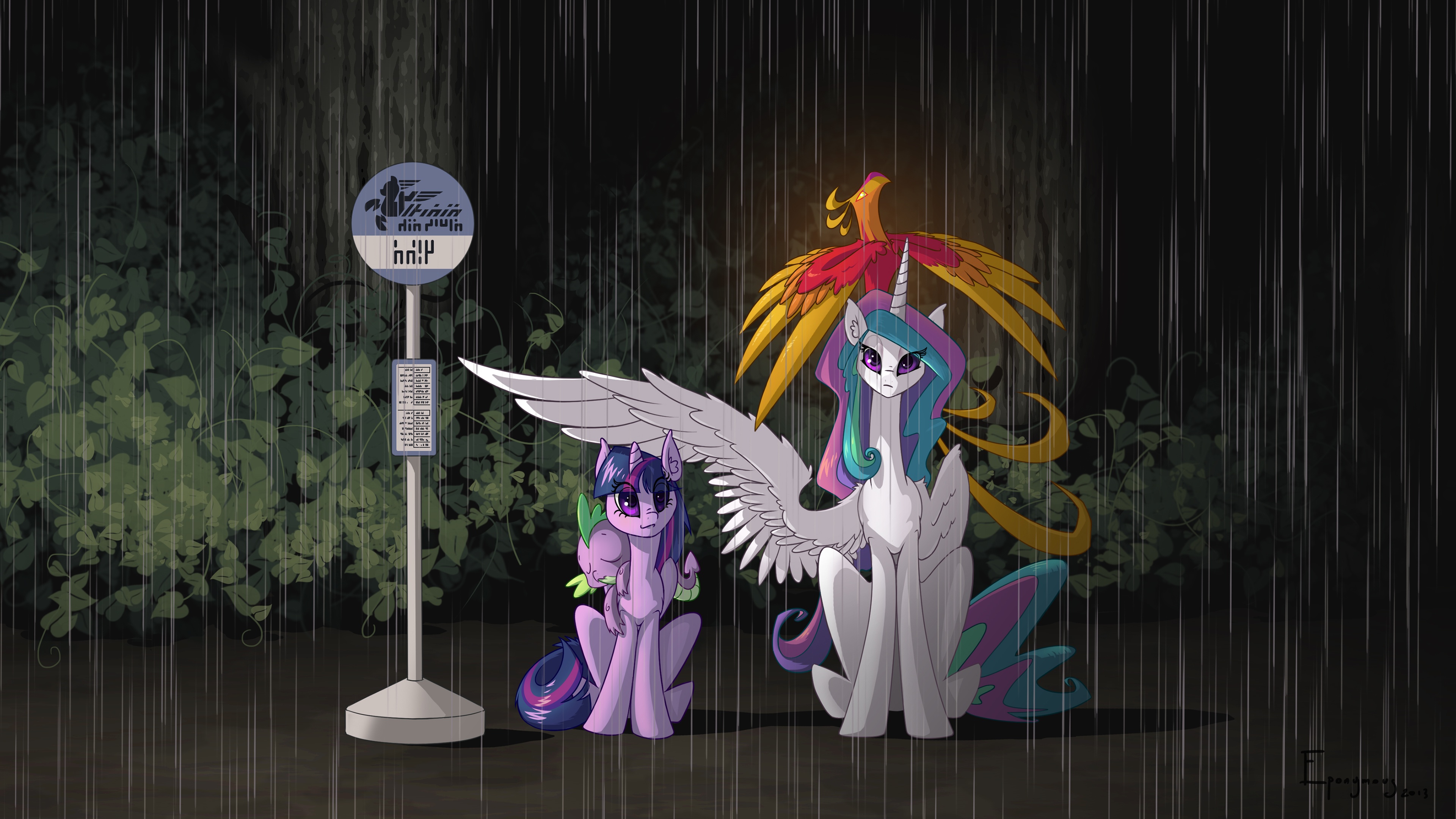 381838__safe_twilight+sparkle_princess+celestia_spike_parody_wallpaper_rain_philomena_artist-colon-jackjacko-dash-eponymous_my+neighbor+totoro